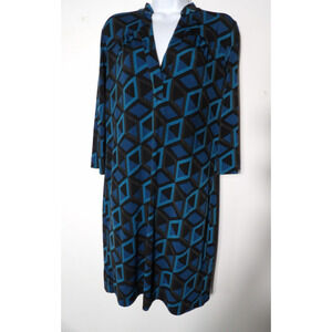 Banana Republic Dress Medium Blue Geometric V Neck Long Sleeve Sheath Career